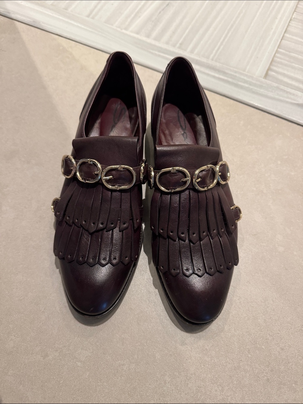 Santoni Dark Burgundy Leather Loafers with Gold-Tone Chain
